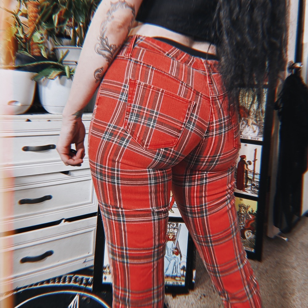 Emo vibes red plaid skinny jeans